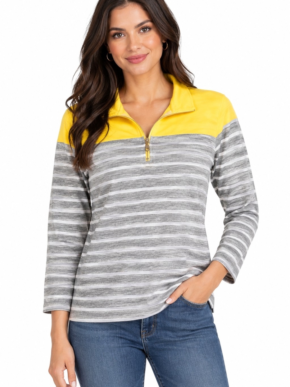 Karen Scott Grey Striped Pullover with Yellow Yoke